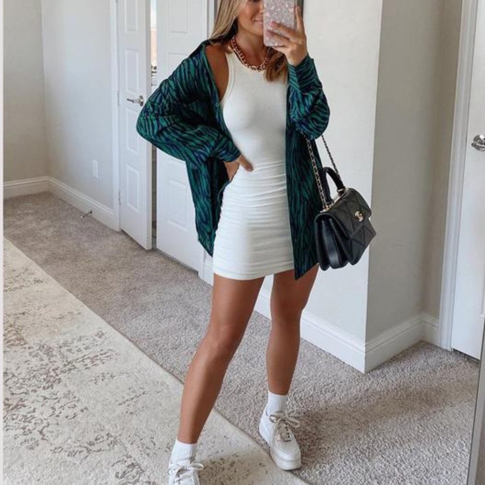 WINDSOR Ribbed Knit Crew Neck Mini Dress - White